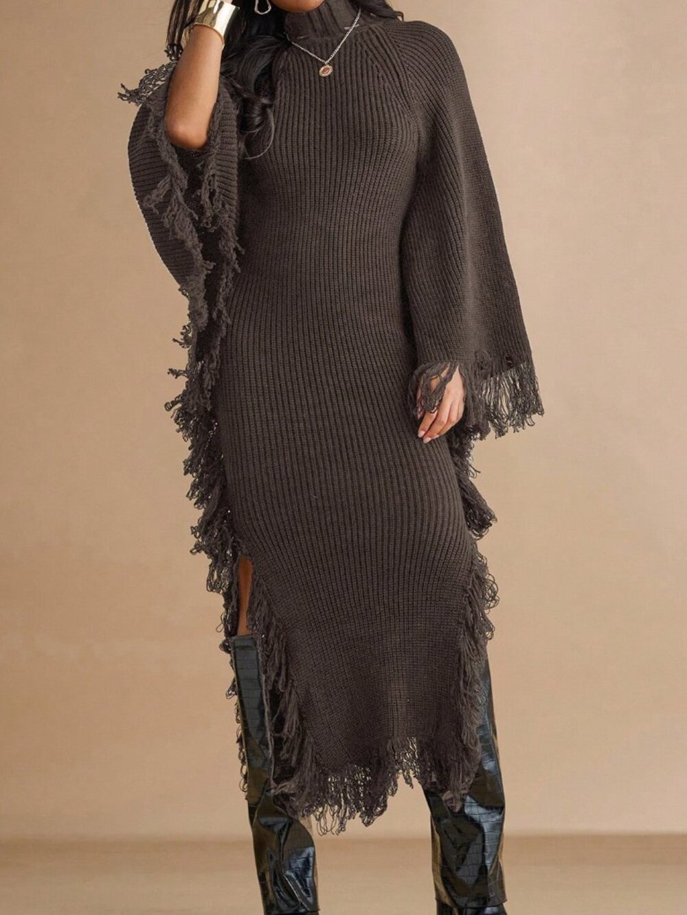Coffee Brown Casual Women's Stand Collar Fringe Decor Side Slit Dress - Picture 3 of 6